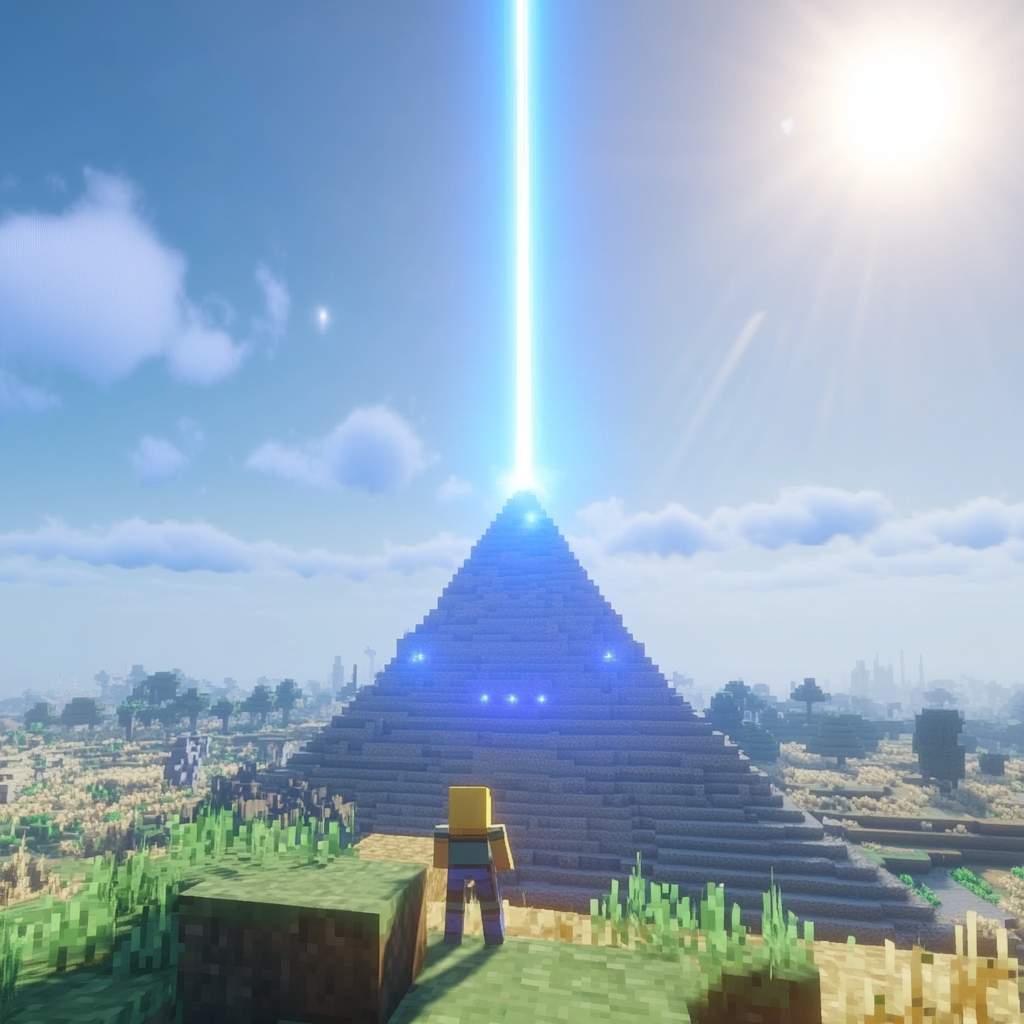 An image showing a Minecraft Beacon placed on a pyramid